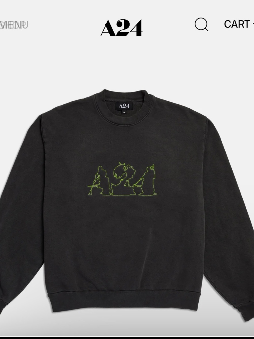 A24 Black Crewneck Sweatshirt with Neon Green Outline Logo
